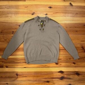 Cabelas 100% Lambs Wool Henley Sweater Men's XL Faux Leather Trim Brown